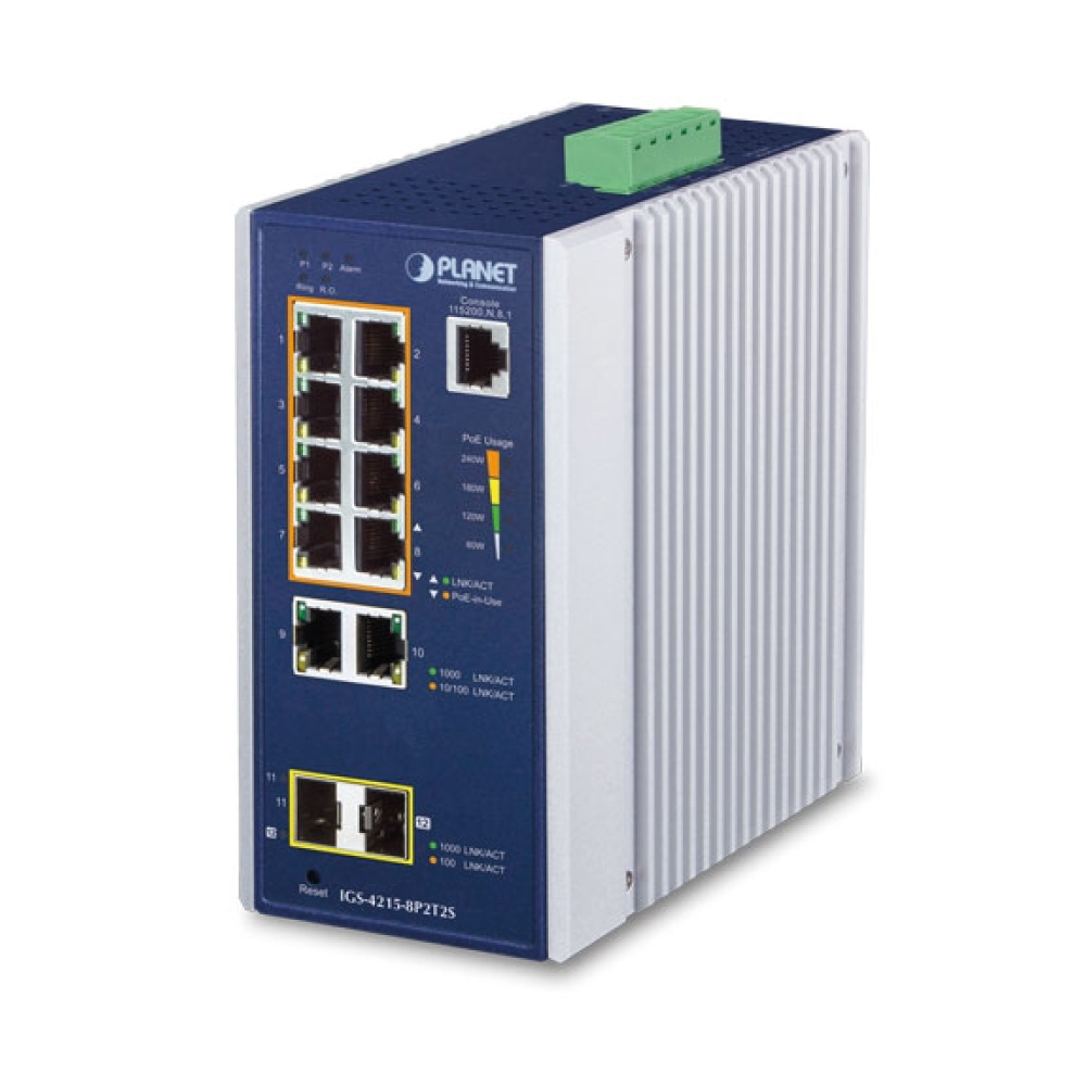 IGS-4215-8P2T2S – Industrial 8-Port 10/100/1000T 802.3at PoE + 2-Port 10/100/1000T + 2-Port 100/1000X SFP Managed Switch
