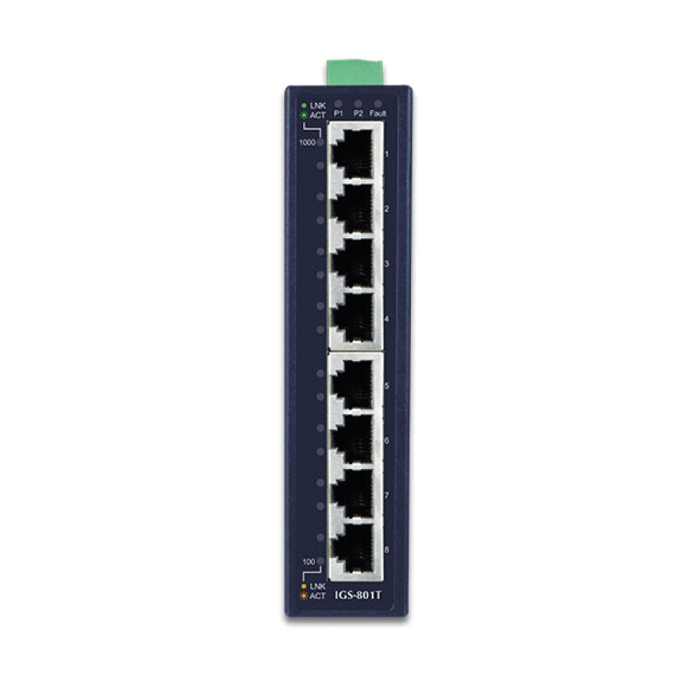 IGS-801T 8-Port 10/100/1000T Industrial Gigabit Ethernet Switch (-40~75 °C operating temperature)