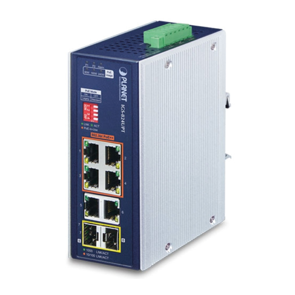 IGS-824UPT Industrial 4-Port 10/100/1000T 802.3bt PoE + 2-Port 10/100/1000T + 2-Port 100/1000X SFP Gigabit Ethernet Switch