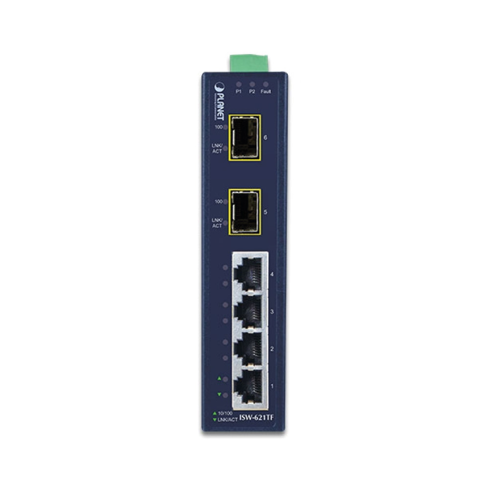 ISW-621TF 4-Port 10/100Base-TX + 2-Port 100Base-FX SFP Industrial Ethernet Switch with Wide Operating Temperature