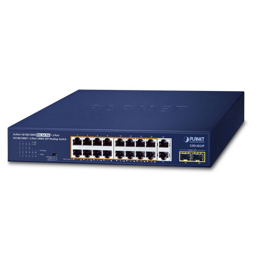 GSD-2022P 16-Port 10/100/1000T 802.3at PoE + 2-Port 10/100/1000T + 2-Port 1000X SFP Desktop Switch