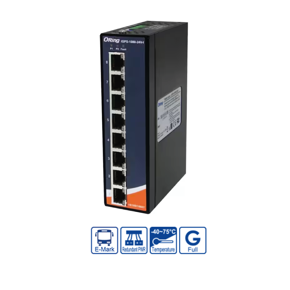 IGPS-1080-24V-Industrial 8-port unmanaged Gigabit PoE Ethernet switch with 8×10/100/1000Base-T(X) P.S.E., 24VDC power inputs