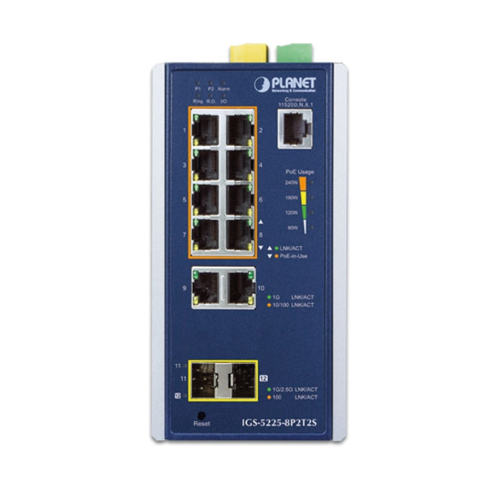 IGS-5225-8P2T2S  Industrial L2+ 8-Port 10/100/1000T 802.3at PoE + 2-Port 10/100/100T +2-Port 100/1G/2.5G SFP Managed Ethernet Switch