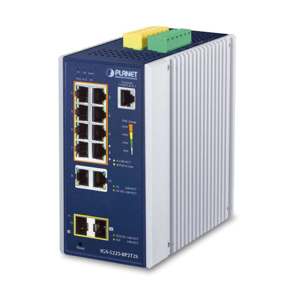 IGS-5225-8P2T2S  Industrial L2+ 8-Port 10/100/1000T 802.3at PoE + 2-Port 10/100/100T +2-Port 100/1G/2.5G SFP Managed Ethernet Switch