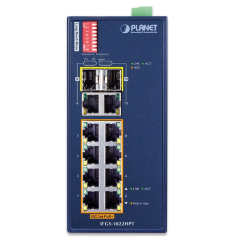 IFGS-1022HPT – Industrial 8-Port 10/100TX 802.3at PoE + 2-Port Gigabit TP/ SFP Combo Ethernet Switch (-40~75 degrees C)