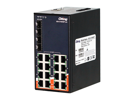 IES-3164GP-LA – Switch Ethernet industrial administrado de 20 puertos con 16 conectores 10/100Base-T(X) y 4 conectores 100/1000Base-(F)X, SFP