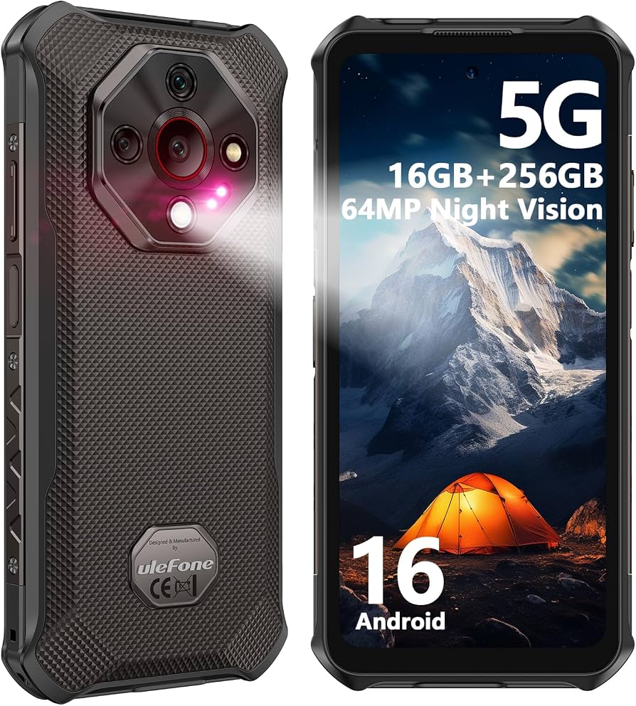 Ulefone Armor X16 Pro – Teléfono ultraresistente (rugged) 6.56″ FHD MediaTek, 16GB de RAM y 256GB, 5G, 4 Cámaras 64MP, Visión nocturna 25MP, Macro 2MP y Frontal 16MP, batería 10360mAh, IP68/IP69K, MIL-STD-810H
