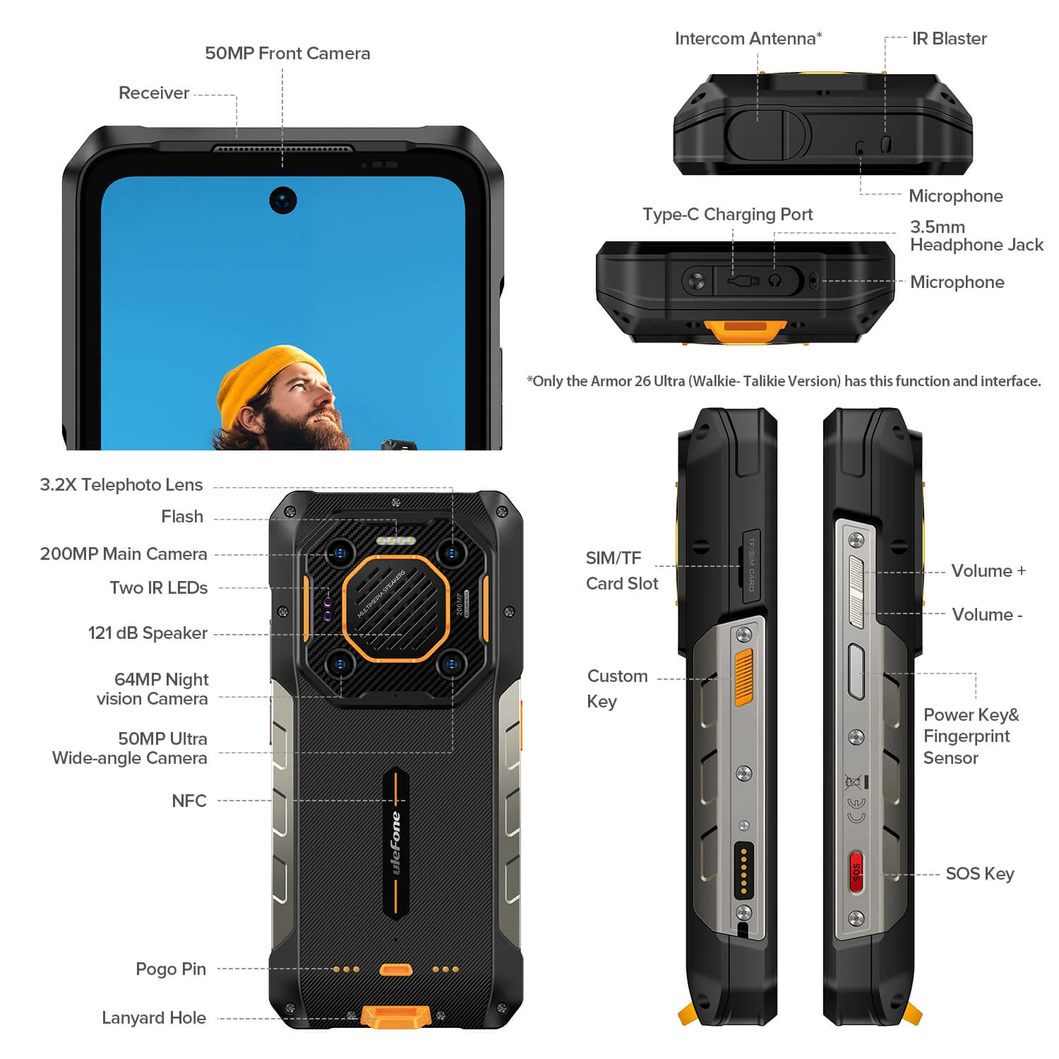 Ulefone Armor 26 Ultra WT - Teléfono ultraresistente (rugged) 6.78" FHD MediaTek, 12GB de RAM y 512GB, 5G, Walkie-Talkie, Cámara 200MP, Visión nocturna 64MP y batería 15600mAh, IP68/IP69K, MIL-STD-810H - Imagen 5